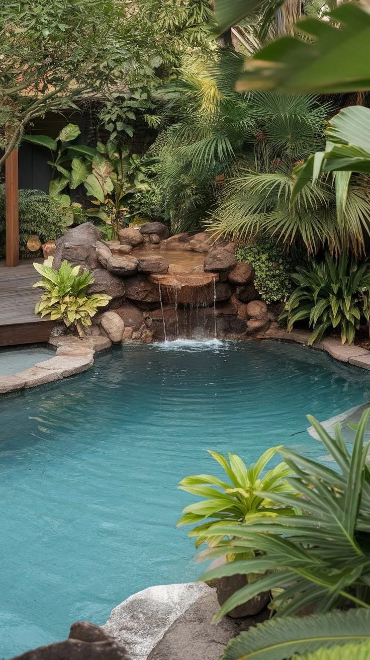A tranquil lagoon pool, cascading waterfall, and lush tropical foliage create a serene backyard paradise.