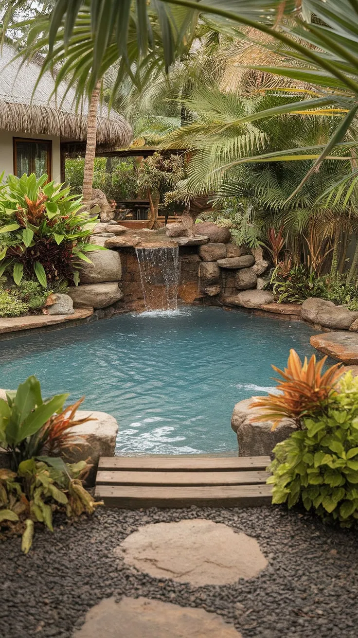 A tranquil lagoon pool and waterfall create an idyllic tropical escape in a vibrant backyard setting.