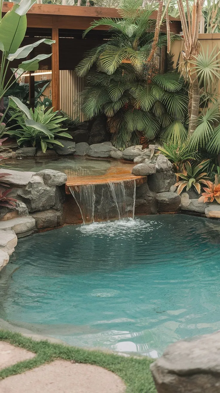 Escape to paradise in a serene tropical backyard featuring a crystal-clear lagoon pool and cascading waterfall.