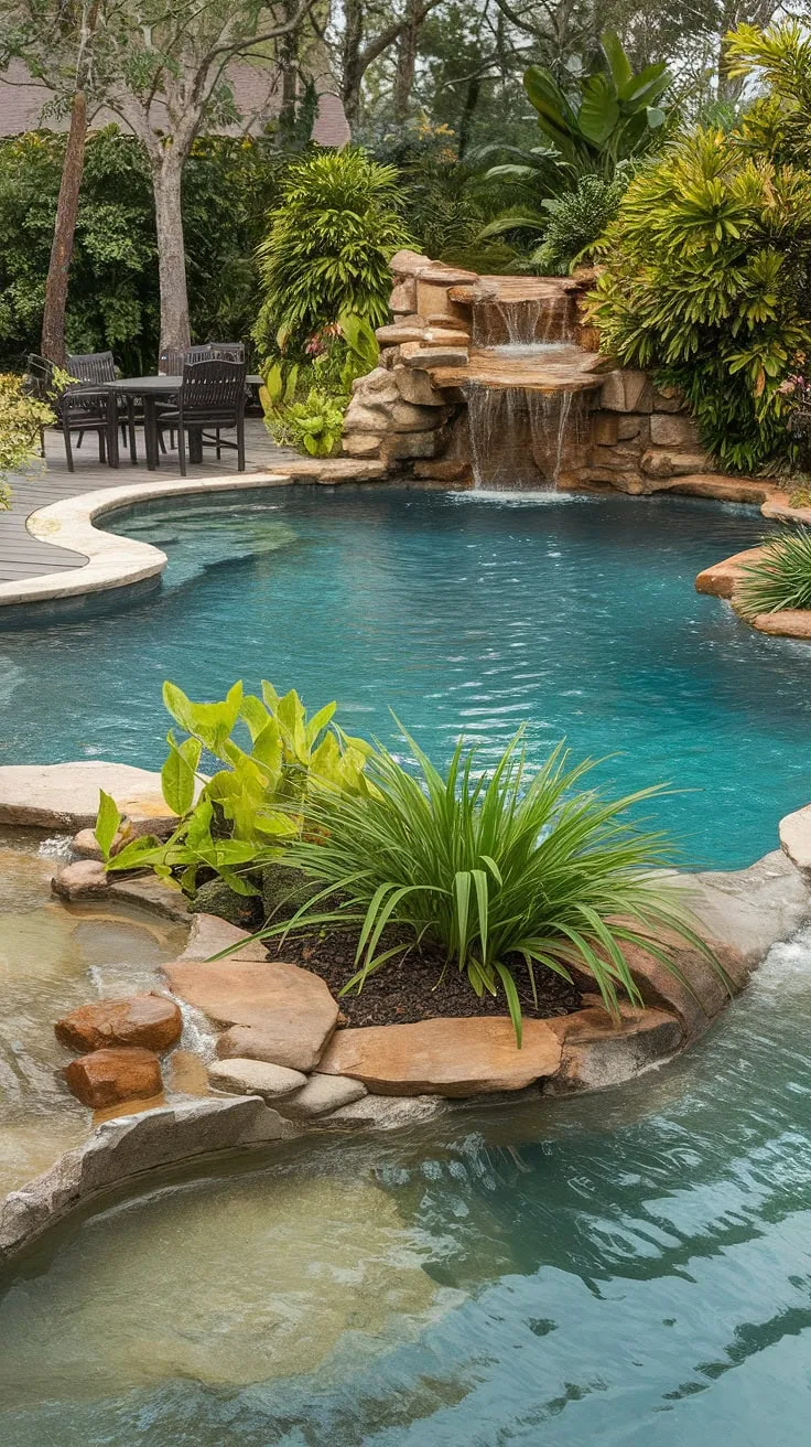 A crystal-clear lagoon pool, fed by a natural source, creates an idyllic tropical oasis perfect for relaxation.