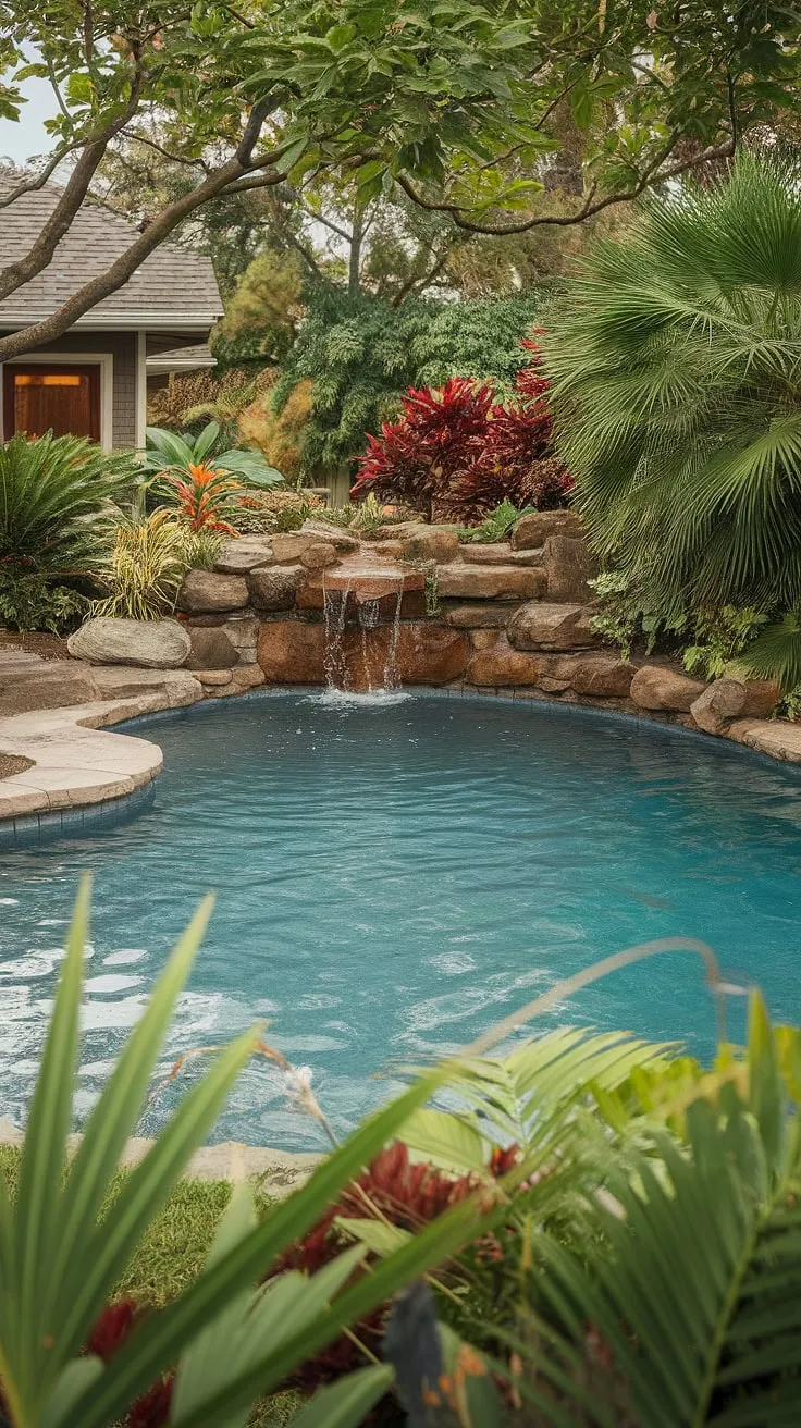 A serene tropical oasis awaits with a stunning lagoon pool, waterfall, and vibrant greenery.
