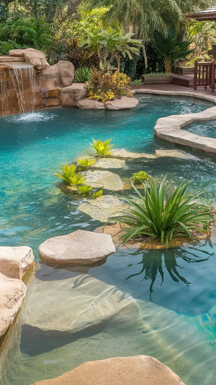 A stunning natural pool, complete with waterfall and island, offers a luxurious tropical retreat.