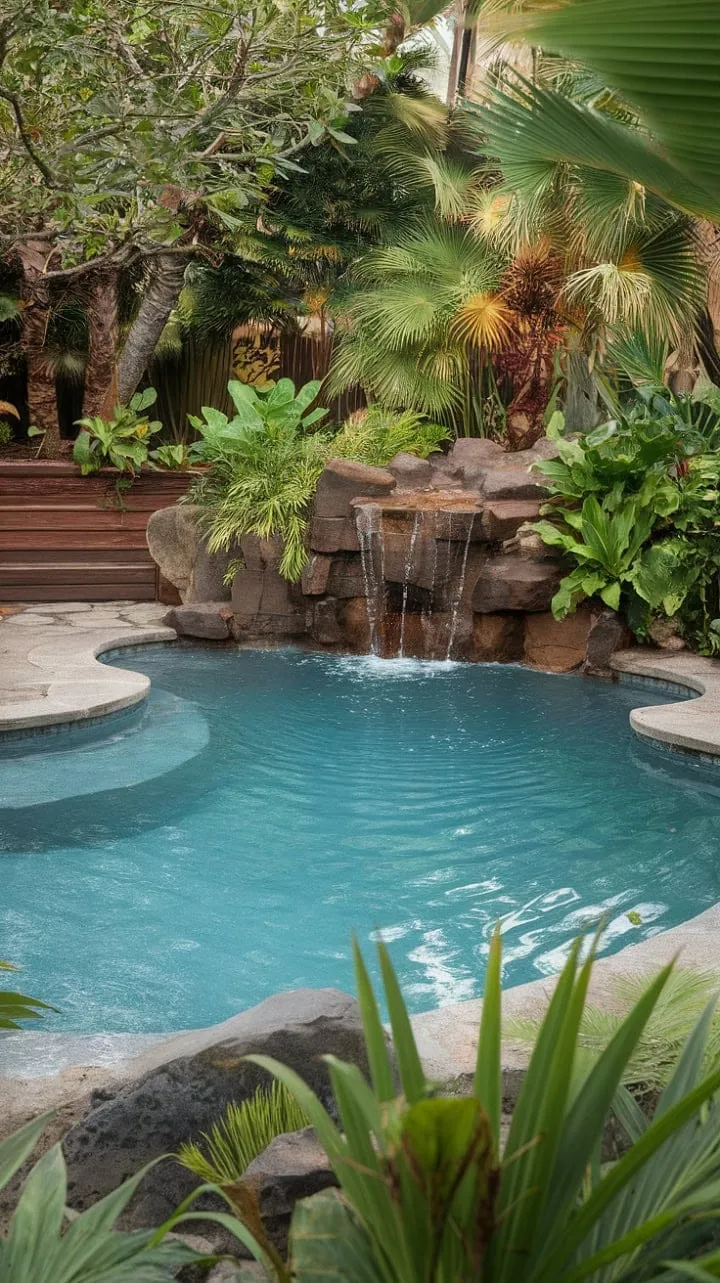 Awakening to a tranquil lagoon pool enveloped by vibrant greenery and the gentle melody of a waterfall creates a perfect escape into nature's serenity.