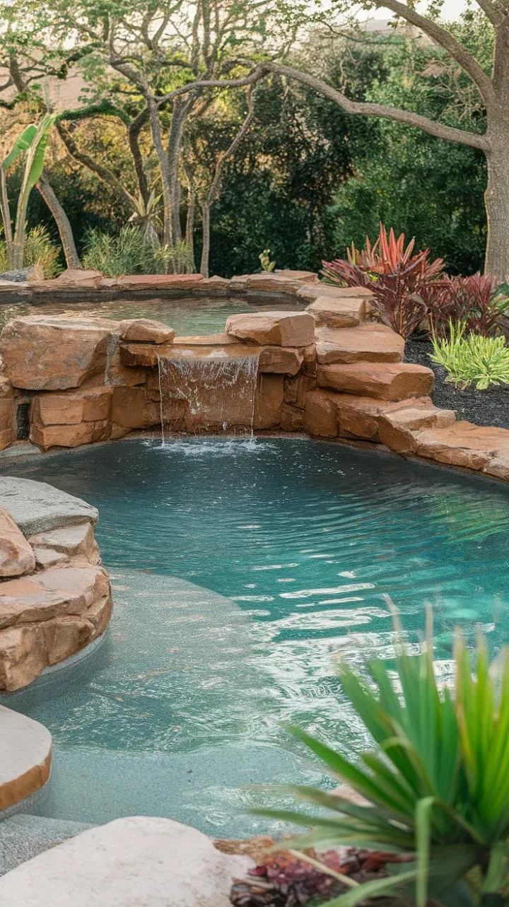 Unwind in a tranquil oasis where a gentle waterfall cascades into a shimmering lagoon, surrounded by lush foliage and sun-kissed stones.
