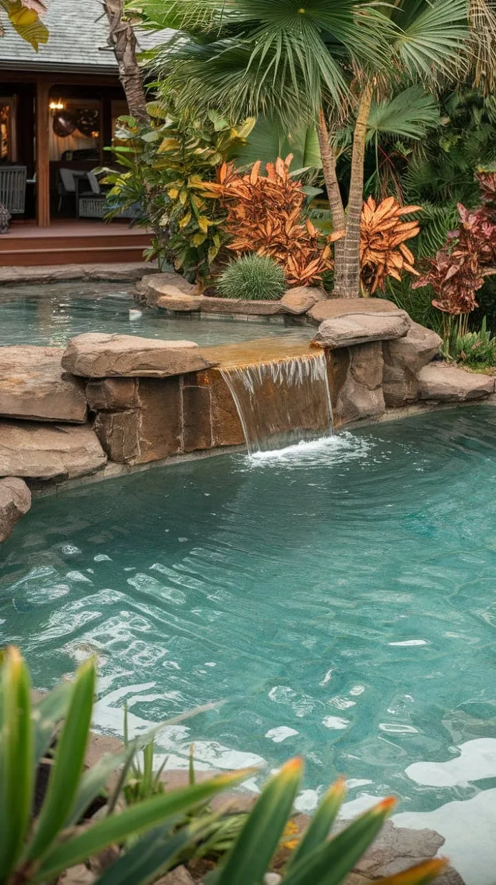 Awakening to a serene lagoon pool surrounded by vibrant tropical greenery and the gentle melody of a waterfall is the epitome of paradise.