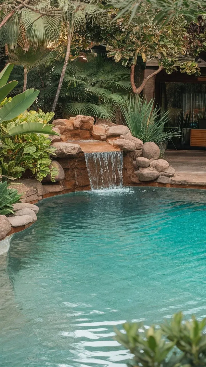 Transform your backyard into a tranquil paradise with a lagoon pool, gentle waterfalls, and lush greenery for the ultimate escape.