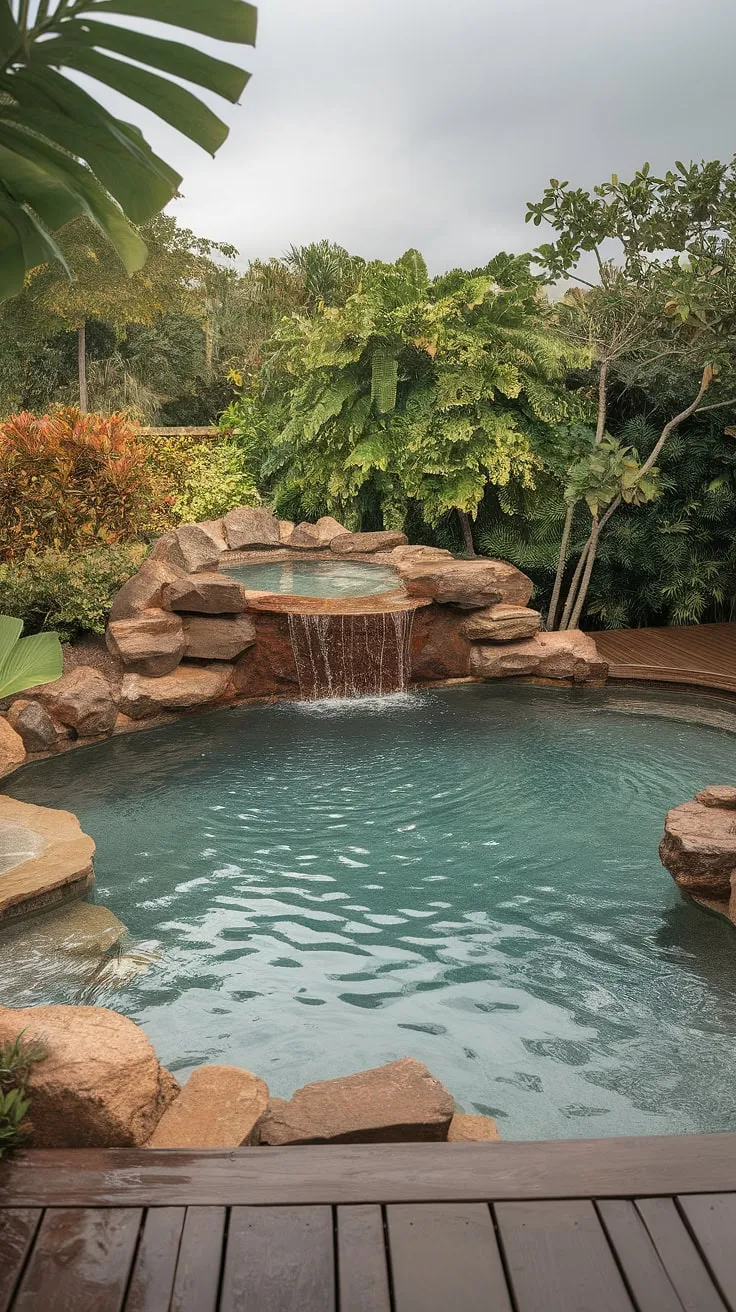 Escape to a tranquil tropical oasis featuring a lagoon-style pool and waterfall