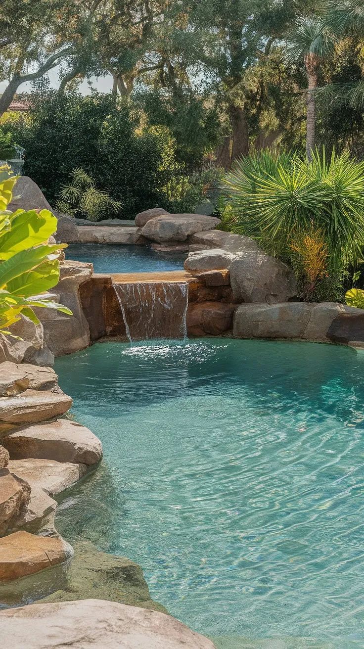 Escape to paradise in this vibrant tropical backyard oasis featuring a crystal-clear lagoon pool and cascading waterfall