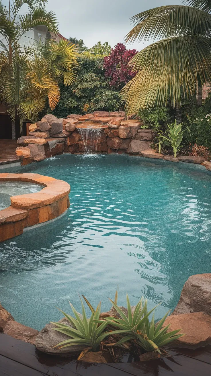 Crystal-clear water cascades over rocks in a lush tropical lagoon pool, a tranquil oasis under an overcast sky.