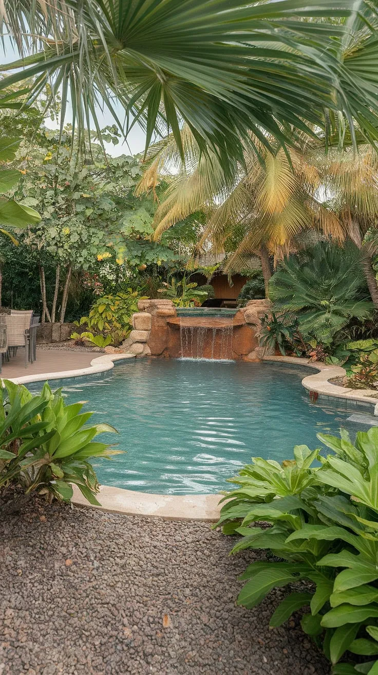 Escape to paradise in this lush tropical backyard featuring a stunning lagoon-style pool and waterfall