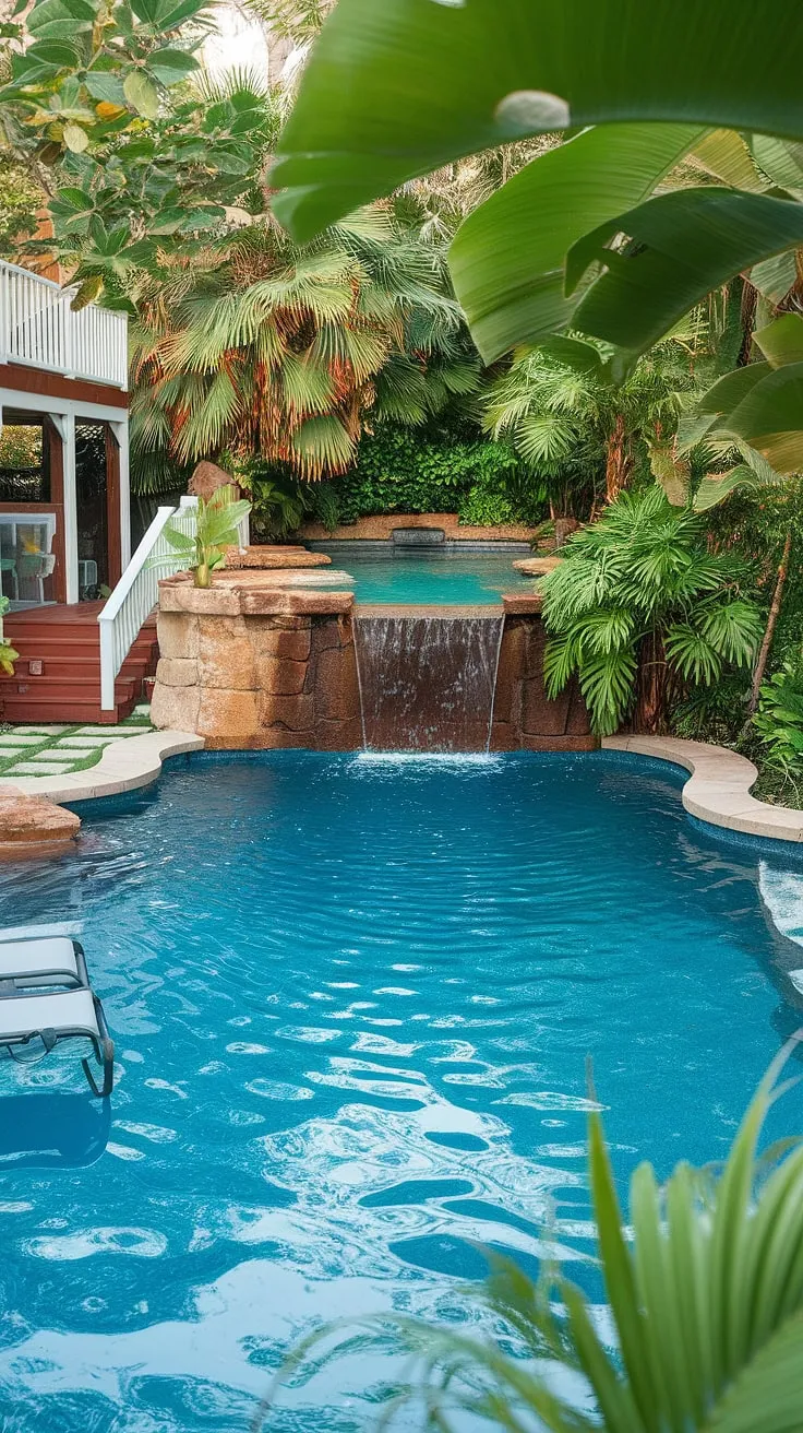 Lush greenery surrounds a tranquil lagoon pool, complete with waterfall and floating chairs, offering a serene tropical retreat.