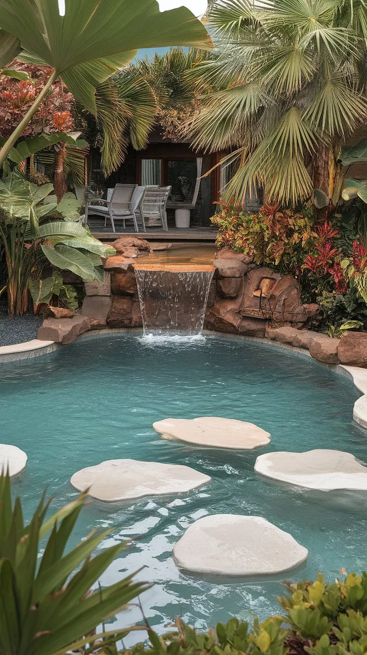 A serene backyard oasis boasts a stunning lagoon pool, complete with a waterfall and lush landscaping.