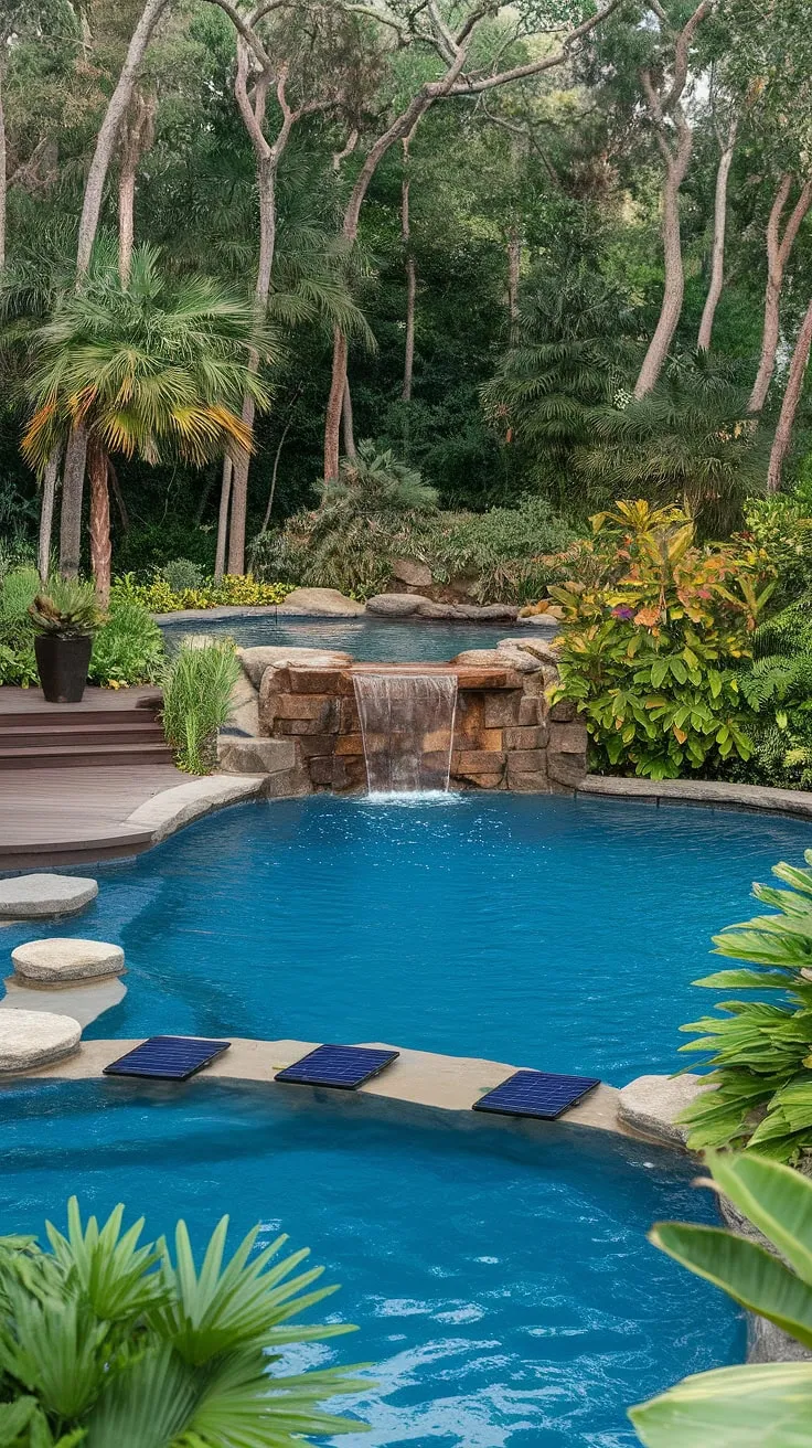 Luxury meets sustainability in this tropical lagoon pool, complete with waterfall and solar panels.