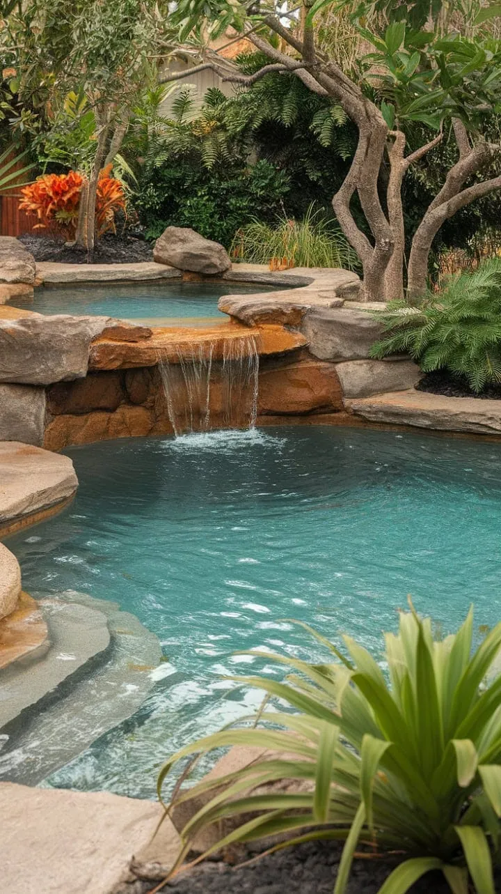 Unwind in a tranquil tropical paradise featuring soothing waterfalls and a pristine lagoon pool, perfect for ultimate relaxation.