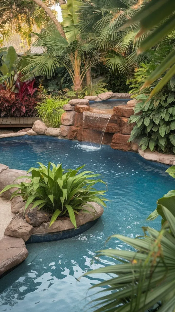 Unwind in a tranquil paradise where a cascading waterfall feeds a lagoon pool, enveloped by lush tropical plants and the gentle symphony of nature.