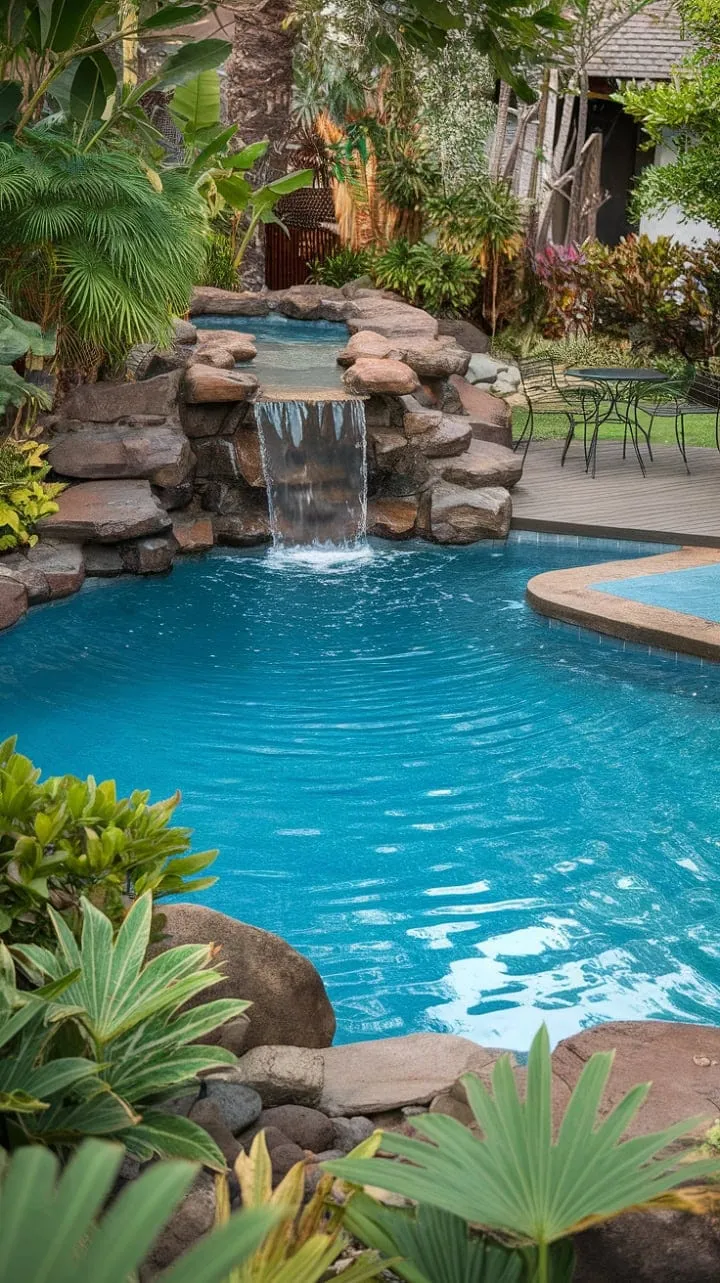 Escape to a tranquil tropical paradise where a cascading waterfall feeds a crystal-clear lagoon, offering a serene retreat in nature's harmonious embrace.
