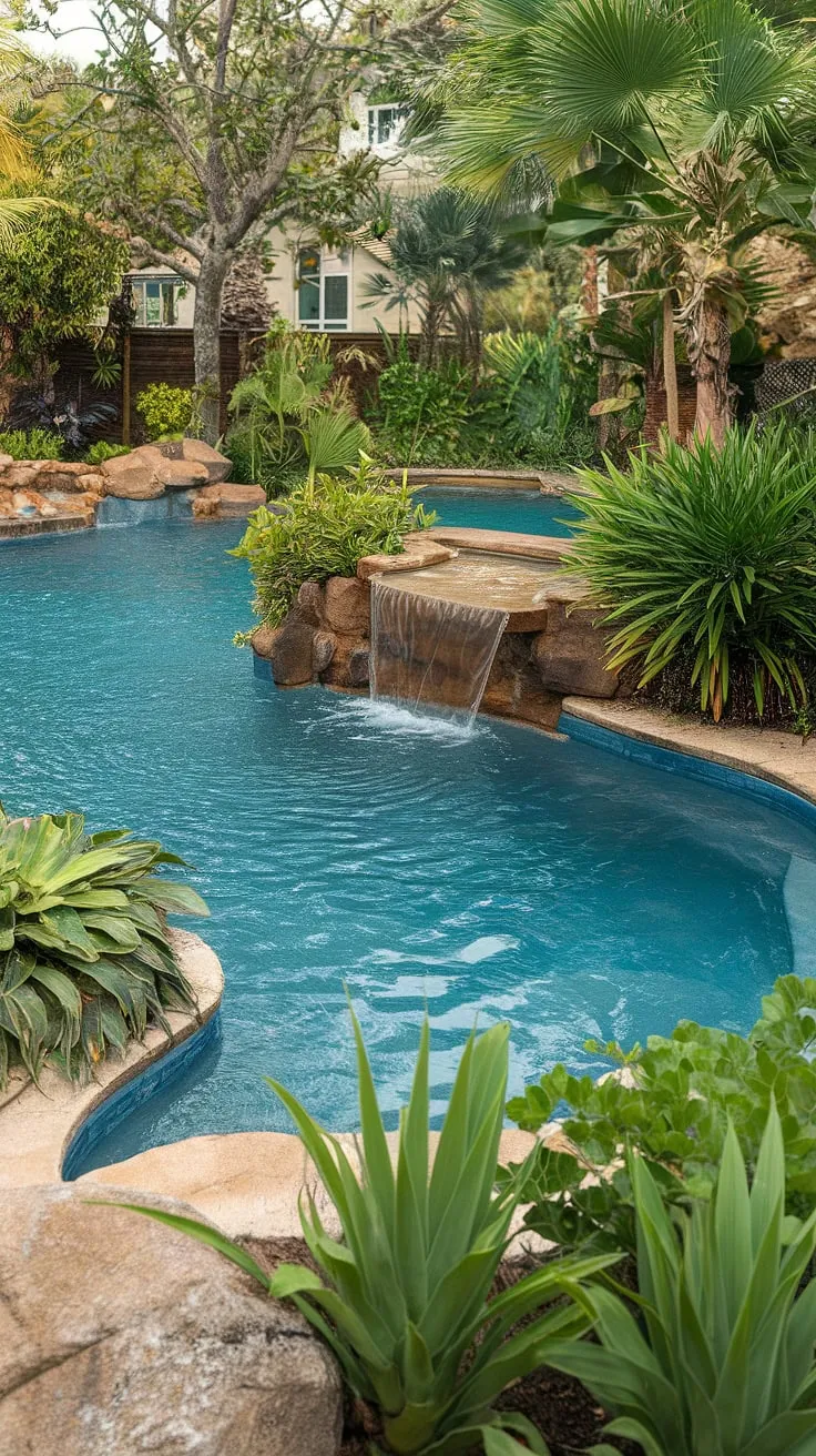 A tranquil lagoon-style pool, complete with waterfall and vibrant greenery, offers an idyllic backyard retreat.