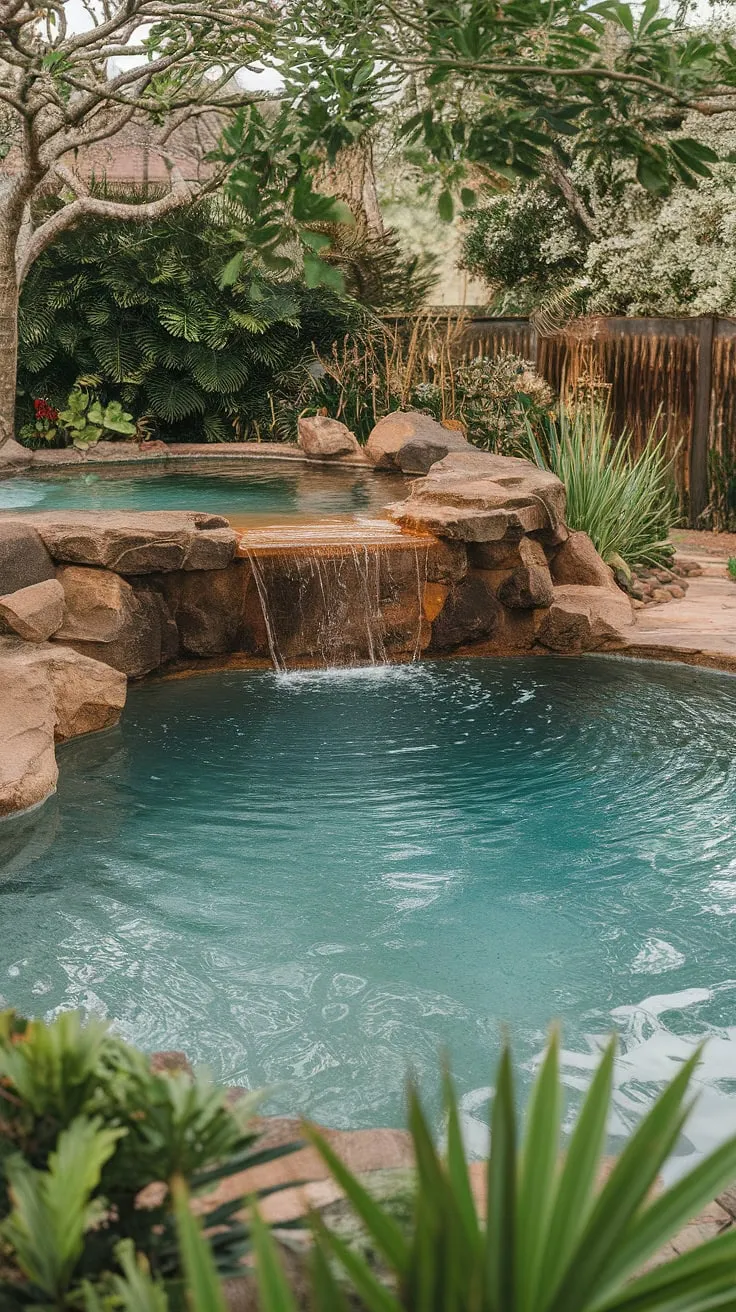 Escape to paradise in this lush tropical backyard featuring a tranquil lagoon pool and waterfall