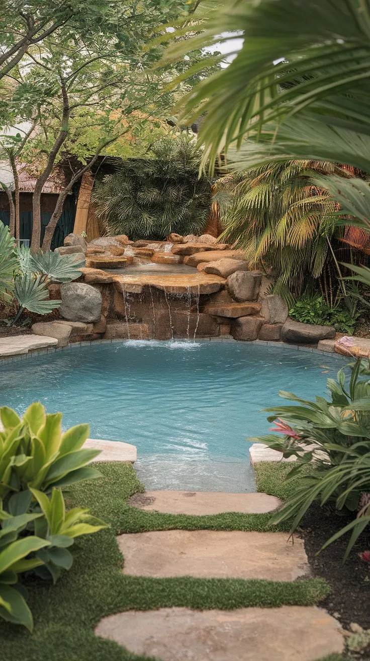 Escape to paradise in this lush tropical backyard featuring a tranquil lagoon pool and waterfall