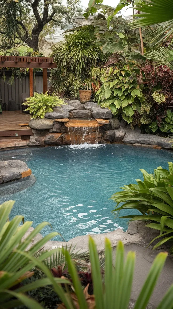 Escape to serenity in a lush tropical backyard featuring a lagoon-style pool, waterfall, and wooden deck.