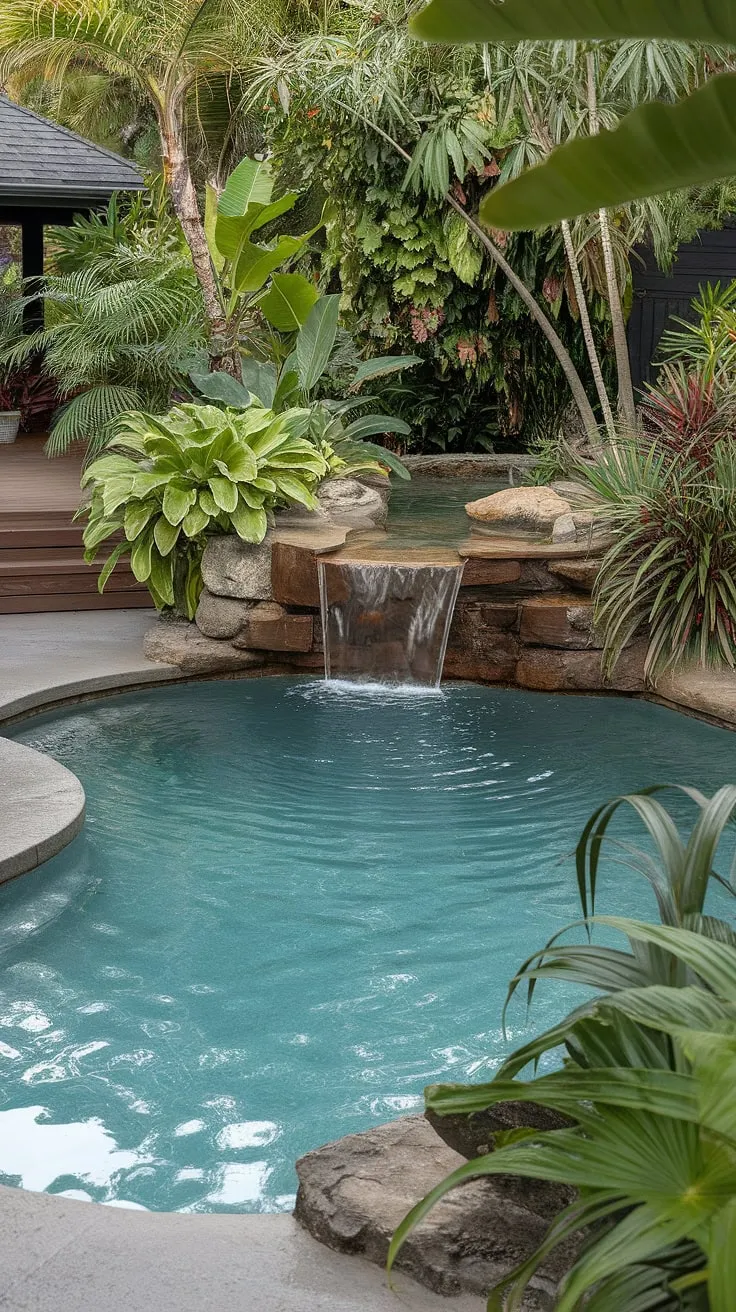 A serene backyard paradise boasts a natural lagoon pool, waterfall, and vibrant greenery.
