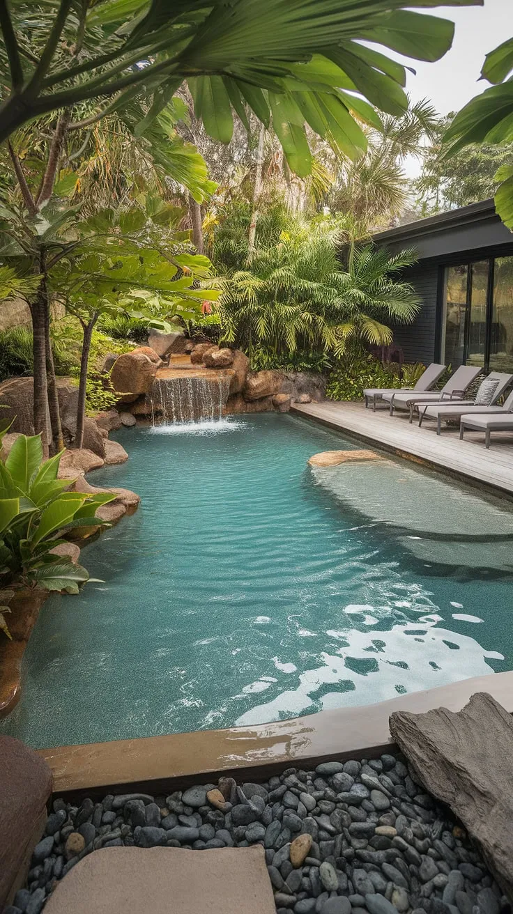 Crystal-clear water cascades into a tranquil lagoon pool, a tropical paradise beckoning relaxation.