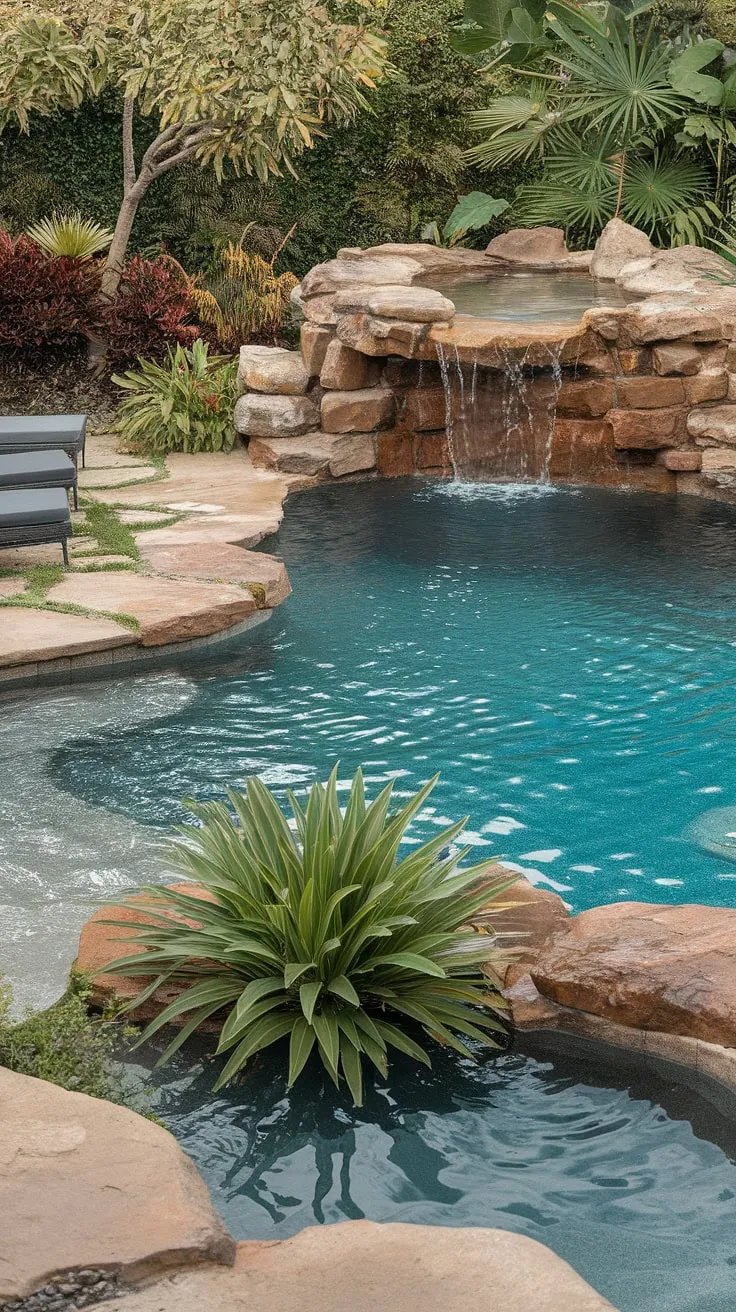 Escape to paradise in this lush backyard lagoon, complete with waterfall and inviting lounging areas