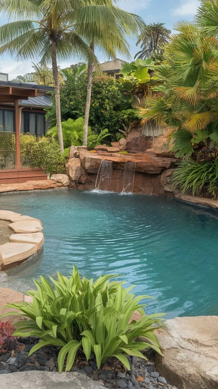 Awaken in a serene paradise where a lagoon-style pool and cascading waterfalls create a blissful indoor-outdoor retreat.