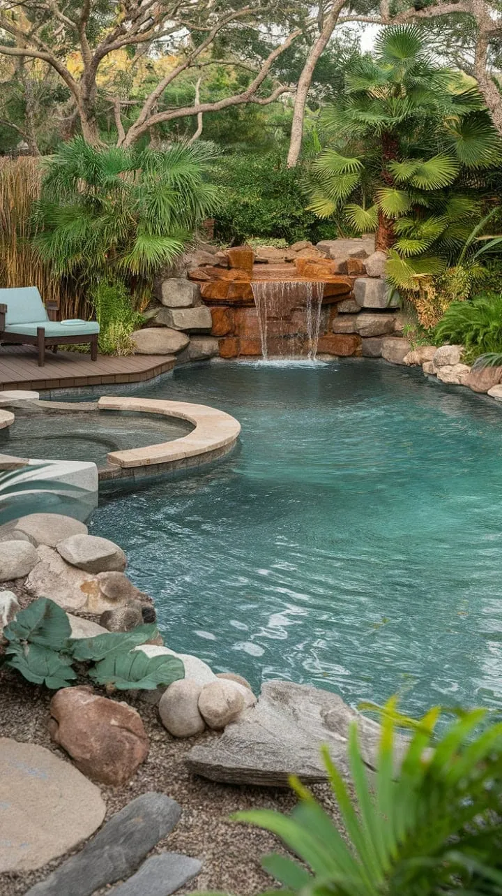 Discover tranquility at a tropical oasis featuring a breathtaking lagoon-style pool and a calming waterfall, perfect for reconnecting with nature and your inner self.