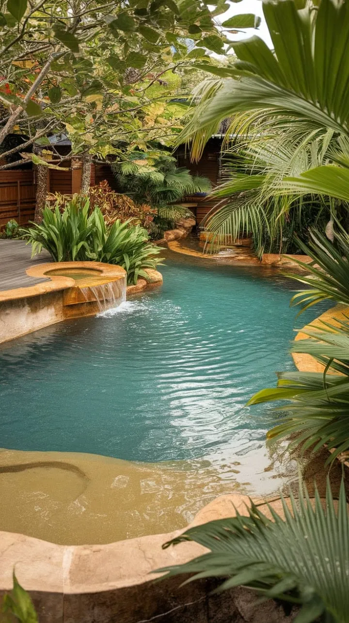 Awakening in a tropical paradise, your backyard becomes a serene oasis of tranquility, complete with a soothing waterfall and vibrant greenery.
