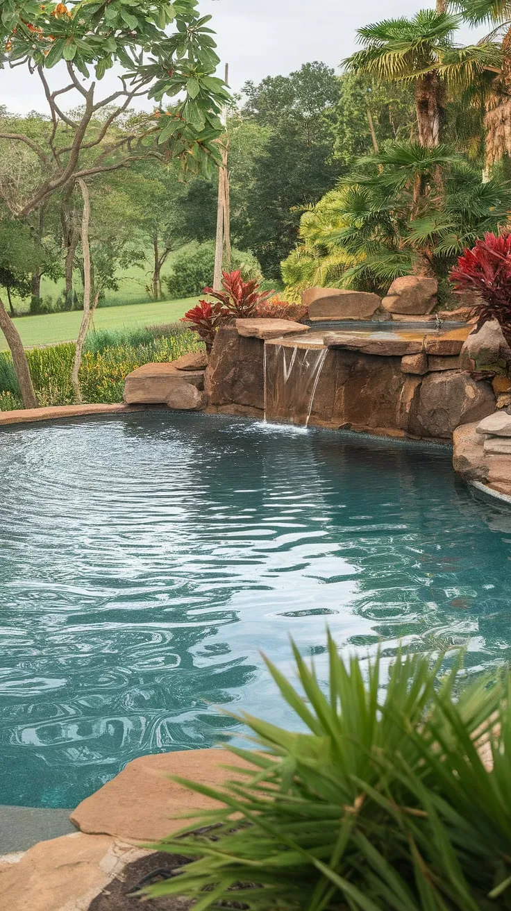 Escape to paradise in this lush tropical backyard featuring a pristine lagoon pool and waterfall
