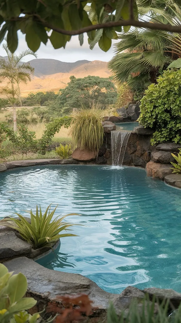 Escape to a dreamy tropical paradise with a lagoon pool, waterfall, and breathtaking mountain views.