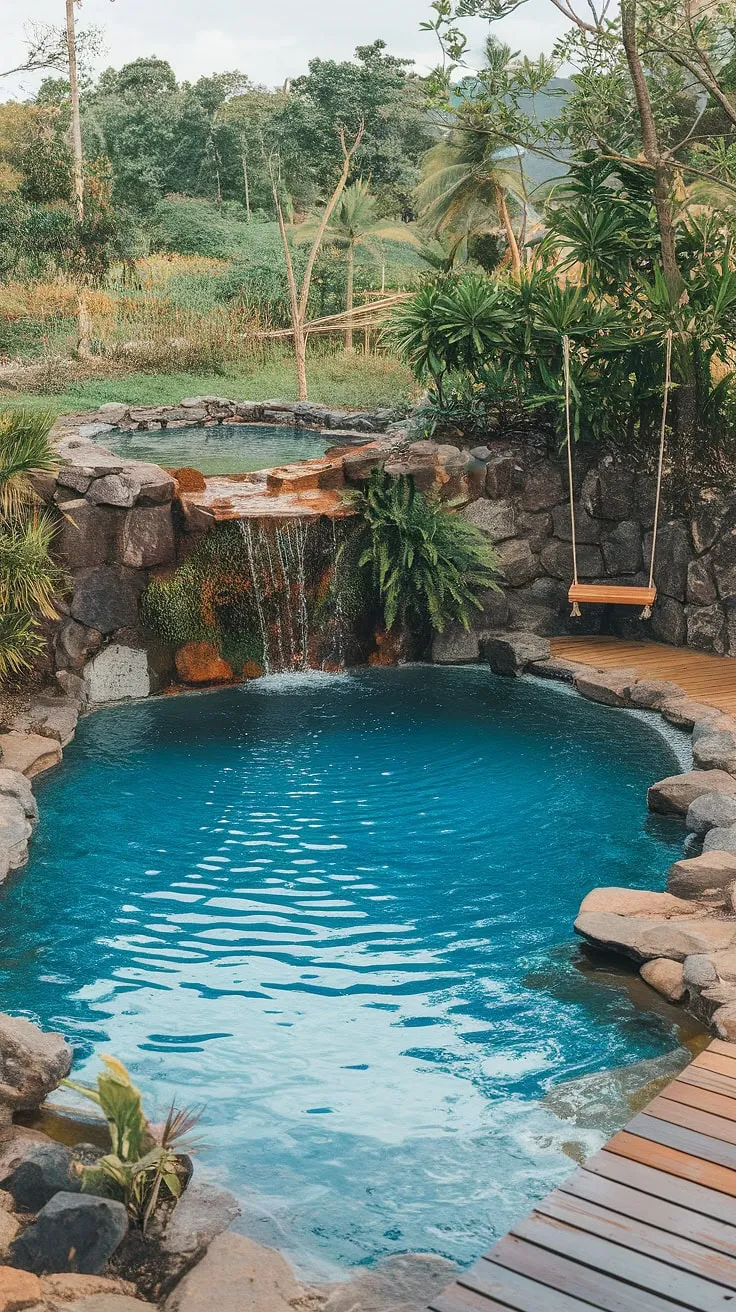 A tranquil oasis awaits, featuring a natural pool, cascading waterfall, and lush tropical surroundings.