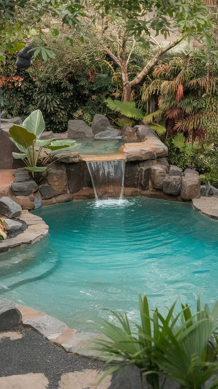 A turquoise waterfall pool beckons amidst lush greenery, offering serene escape.