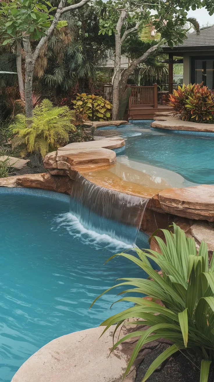 Escape to paradise in a lush tropical backyard featuring a tranquil lagoon-style pool and cascading waterfall.