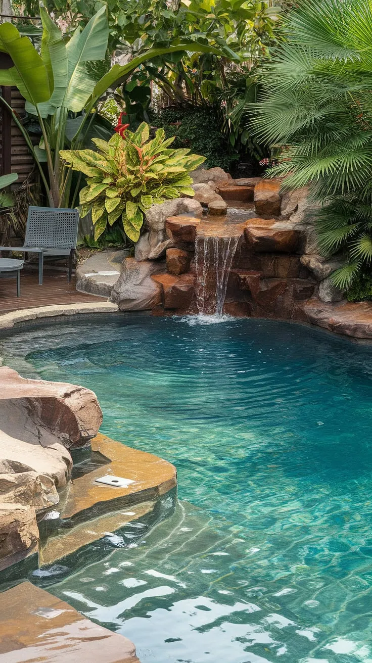 Escape to paradise with this backyard's tranquil lagoon pool and waterfall