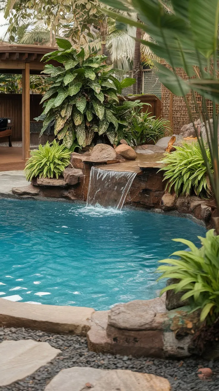 Escape to paradise in this tranquil tropical backyard with a lagoon pool and waterfall