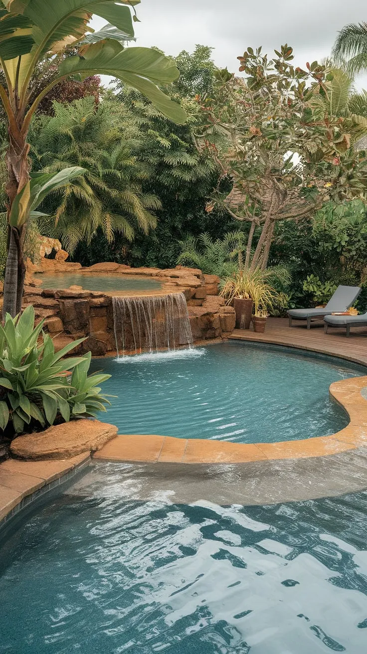 Escape to paradise in this lush tropical backyard featuring a cascading waterfall pool and inviting sun loungers