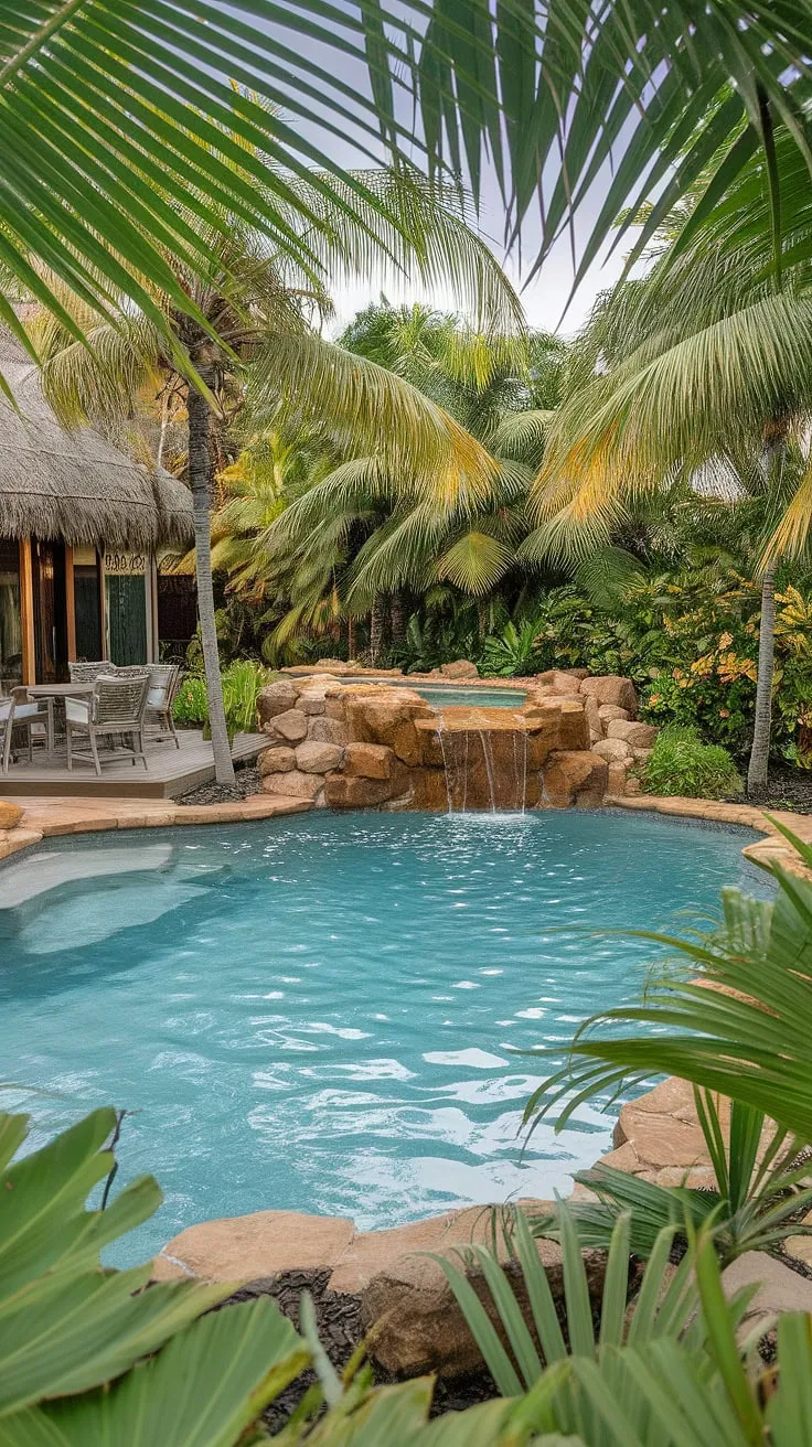 Escape to paradise in a lush tropical backyard featuring a lagoon-style pool and waterfall, complete with a thatched-roof house and inviting deck.