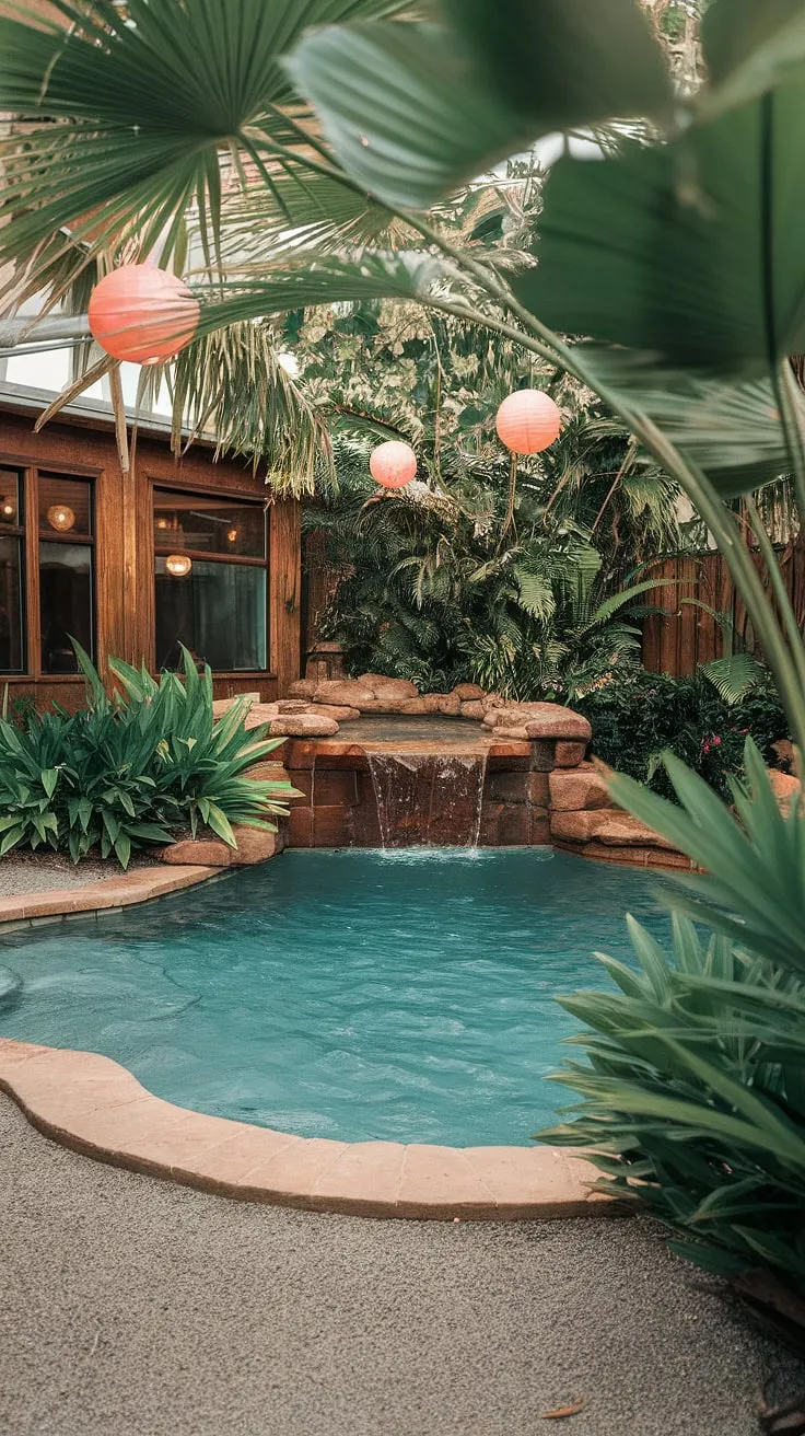 Escape to paradise in a lush tropical backyard featuring a lagoon pool, waterfall, and floating lanterns.