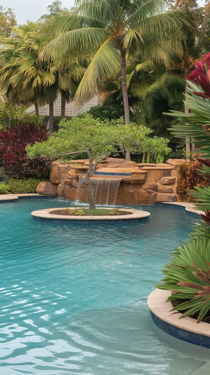 A tranquil lagoon pool, complete with waterfall and island centerpiece, creates an idyllic tropical backyard oasis.