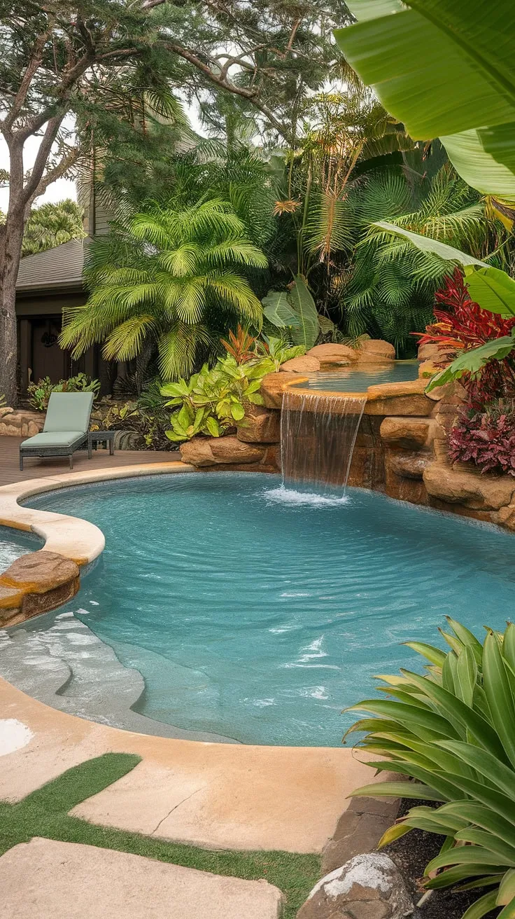 Luxury awaits in this vibrant backyard lagoon pool complete with a waterfall and lush tropical landscaping