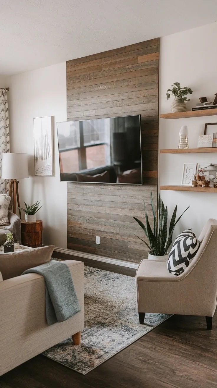 This black wood TV wall is a masterclass in minimalist design.  A 70&#8243; TV takes center stage on the black tv wall, its size perfectly complemented by the striking black paneling.  The integrated wooden shelf provides practical storage, showcasing the thoughtful integration of black and wood tv wall elements.  High TV wall ideas don't get much more impressive than this tv with paneling setup.