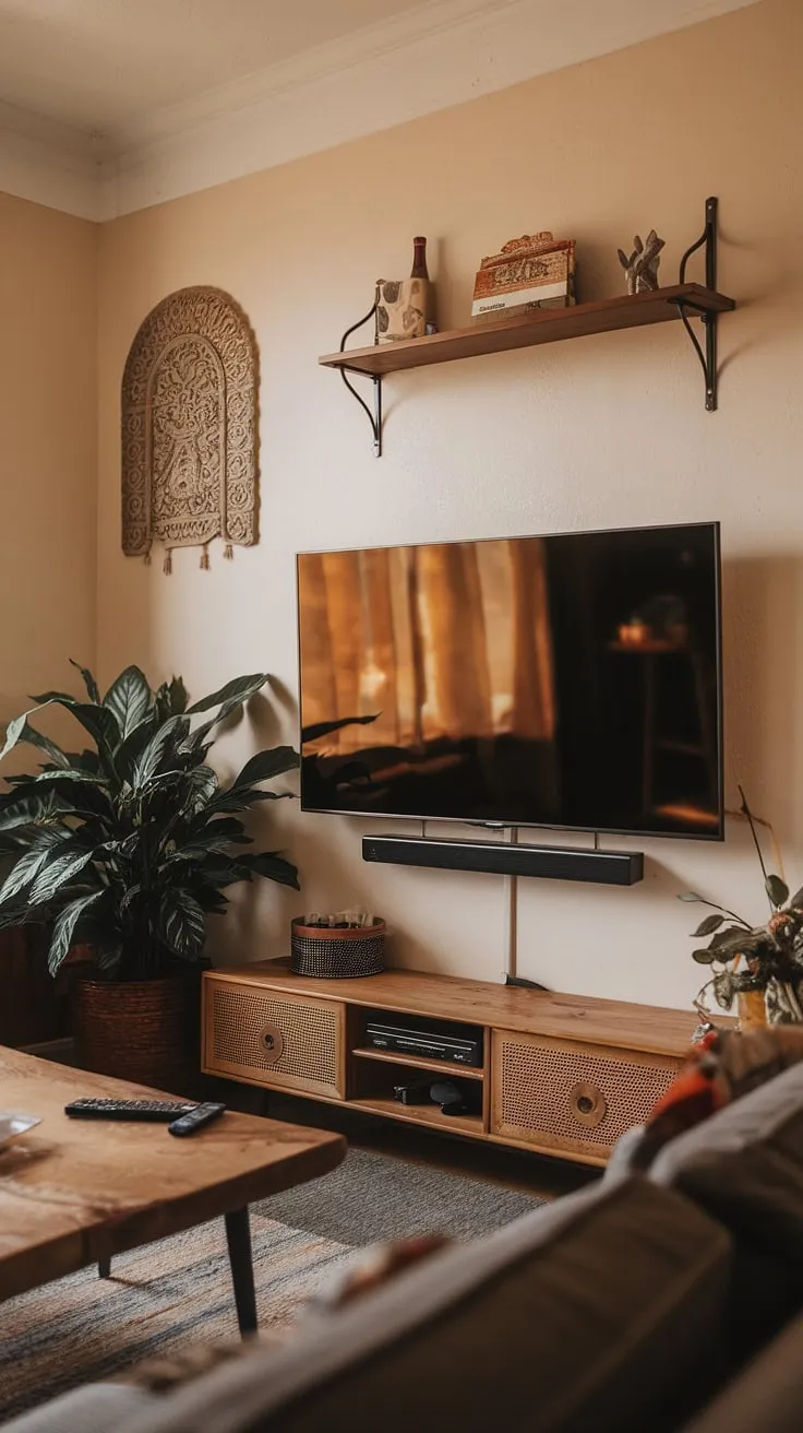 This black TV feature wall, a stunning display of black wood paneling, elevates the living room's aesthetic.  The 70&#8243; TV is seamlessly integrated, showcasing high TV wall ideas with panels behind the TV creating a sophisticated black and wood TV wall.  The subtle lighting enhances the rich textures of the black wood TV wall.