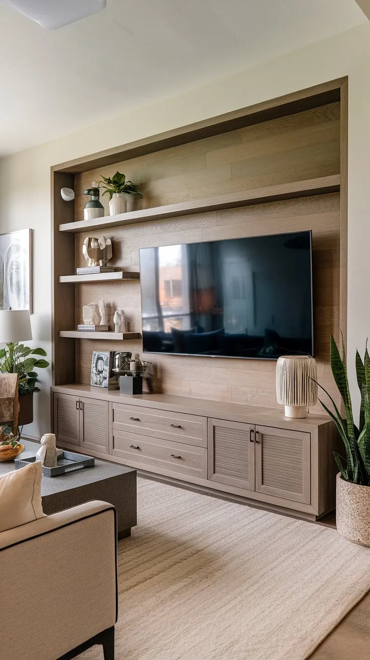 A black wood TV wall, showcasing a 70&#8243; TV with paneling, anchors this rustic living room.  The black tv wall, a bold choice, is softened by the rich wood accents and cleverly integrated storage. This high tv wall ideas implementation demonstrates the power of combining contrasting materials. The panels behind the tv provide a clean, sophisticated look, creating a truly memorable black tv feature wall.