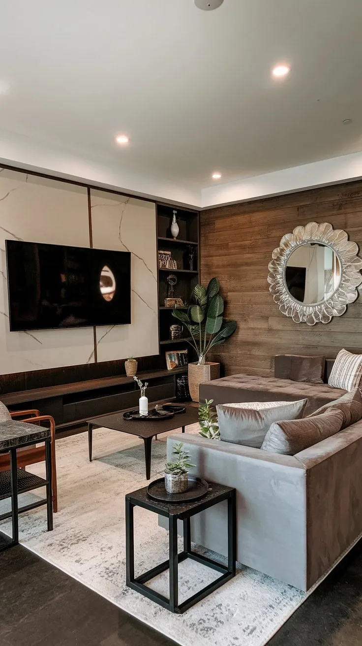 This black tv feature wall is a statement piece. The 70&#8243; tv wall mount is flawlessly incorporated into the rich black and wood tv wall, showcasing the tv with paneling in a way that's both functional and visually striking.  These high tv wall ideas demonstrate how to create a sophisticated space with a black tv wall that's anything but ordinary.
