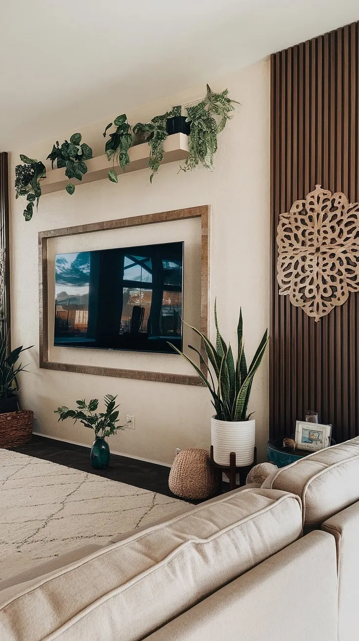 This living room tv wall seamlessly blends style and function, creating a sophisticated home office decor within the comfort of a basement living room. The accent walls in living room, featuring a striking wooden panel and lush greenery, elevate the space, showcasing unique living room wall designs.  The result? A truly inspiring tv wall office.