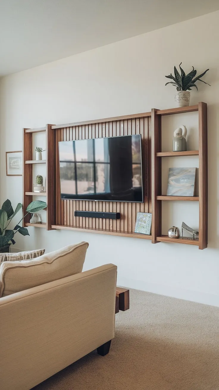 This living room tv wall is the perfect blend of form and function.  The built-in shelves offer ample space for home office decor, creating a tv wall office that's both productive and relaxing.  The neutral color palette and thoughtful basement living room decor make this space feel inviting and sophisticated, showcasing unique living room wall designs.