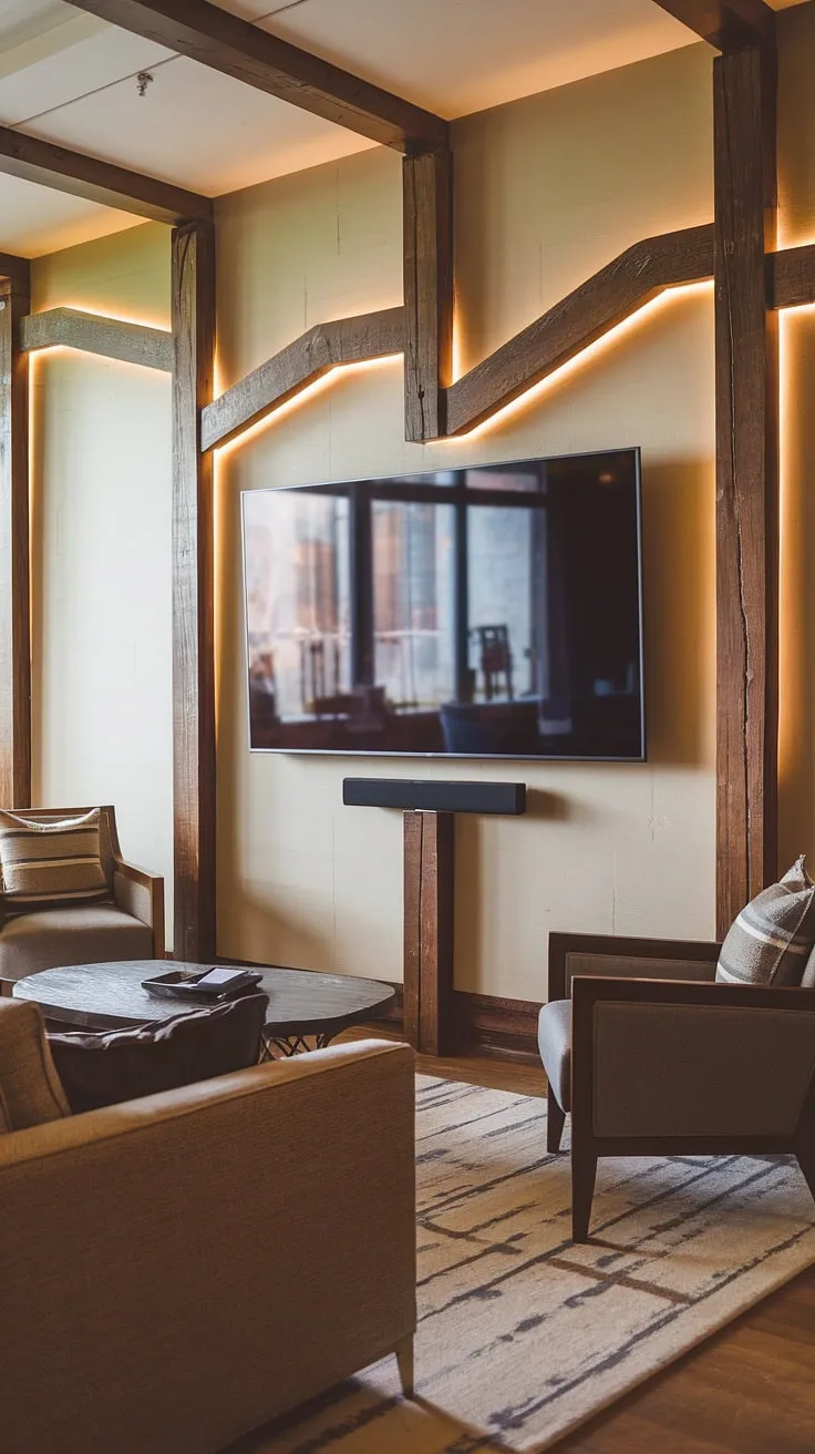 Warm lighting and rustic charm define this basement living room decor, featuring a stunning living room tv wall with unique wooden beams.  The accent walls in living room create a cozy atmosphere perfect for movie nights or a quiet evening in your home office decor.  This tv wall office setup seamlessly blends work and relaxation.