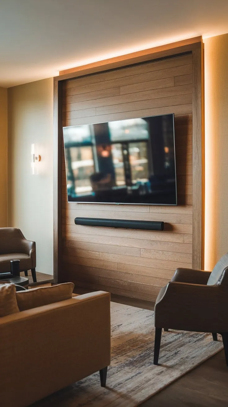 Warm lighting and rich wood paneling create the perfect ambiance in this basement living room, showcasing a stunning living room tv wall that seamlessly blends home office decor with relaxation.  The tv wall office setup is both stylish and functional, a testament to clever living room wall designs and accent walls in living room spaces.